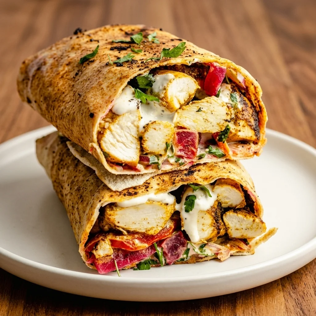 Halal chicken shawarma wrap with garlic sauce in downtown Winnipeg - Shawarma Xpress