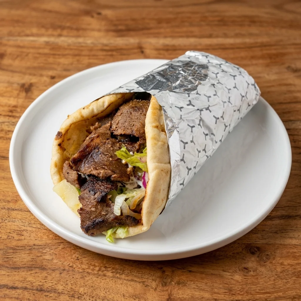 Halal beef shawarma and donair wrap with tahini and garlic sauce at Shawarma Xpress, Winnipeg