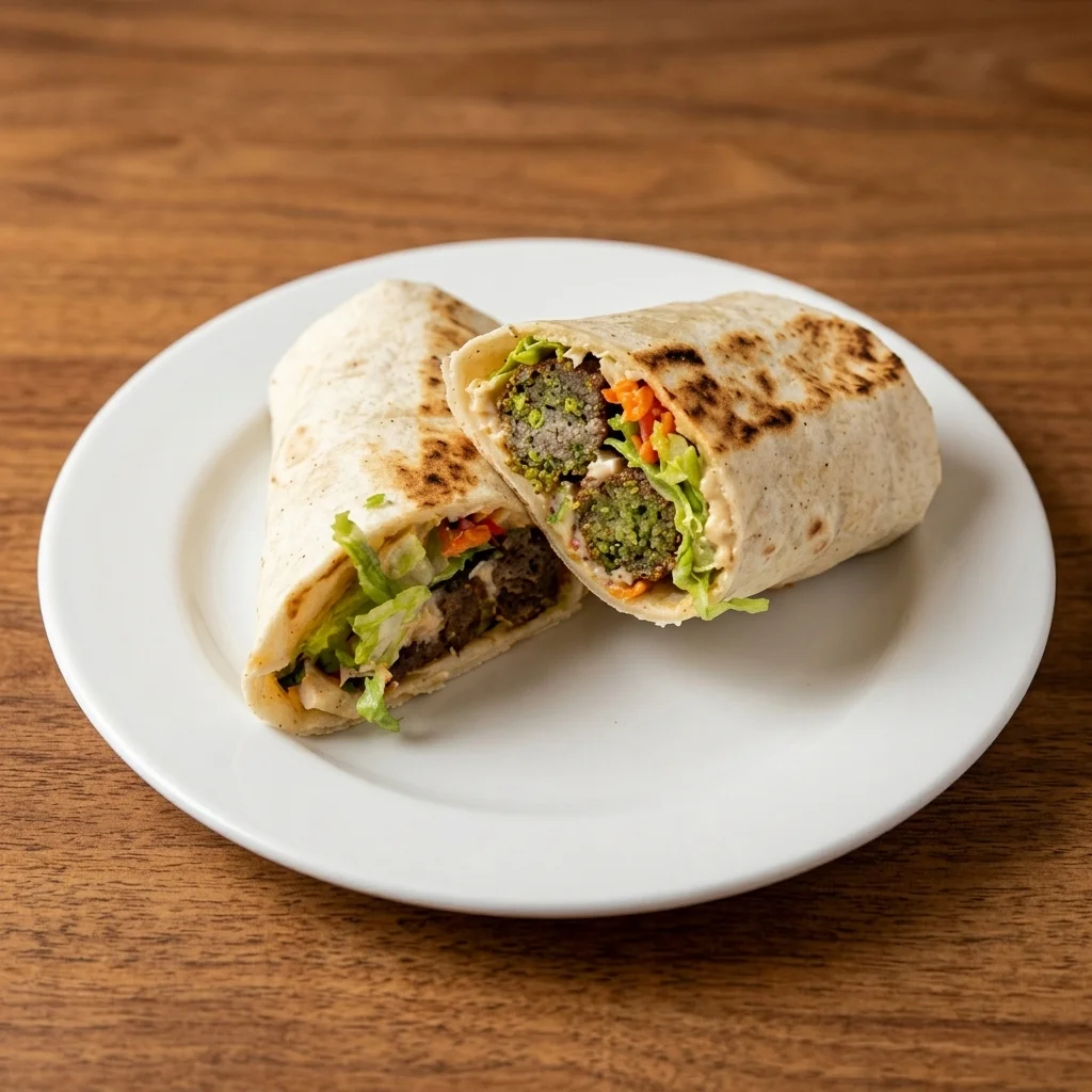 Vegetarian falafel wrap with hummus and fresh salad at Shawarma Xpress near Portage Avenue, Winnipeg