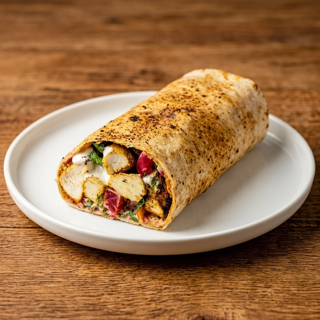 Halal chicken shawarma wrap with garlic sauce and fresh vegetables at Shawarma Xpress on St Mary Ave, Winnipeg